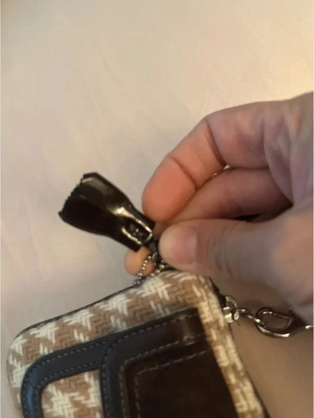 SOLD Coach Beige/Tan Wool Houndstooth Wristlet with Dark Brown Suede and Leather